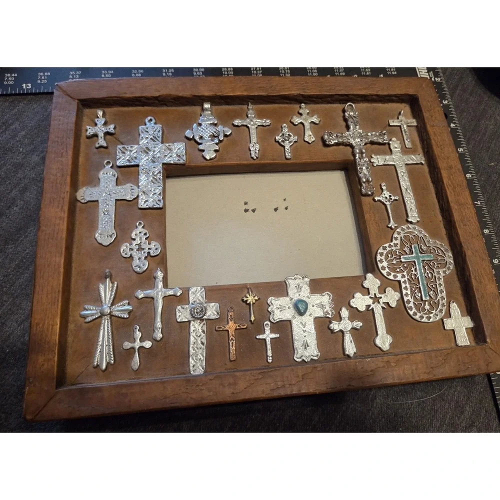 Wood Table Picture Frame Covered in Small Silver Crosses Turquoise & Designs